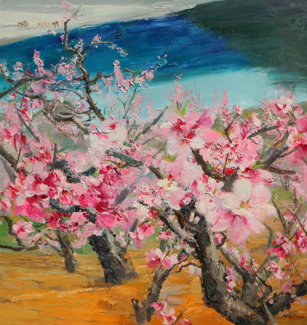 Peach Blossom and Snow Capped Mountains