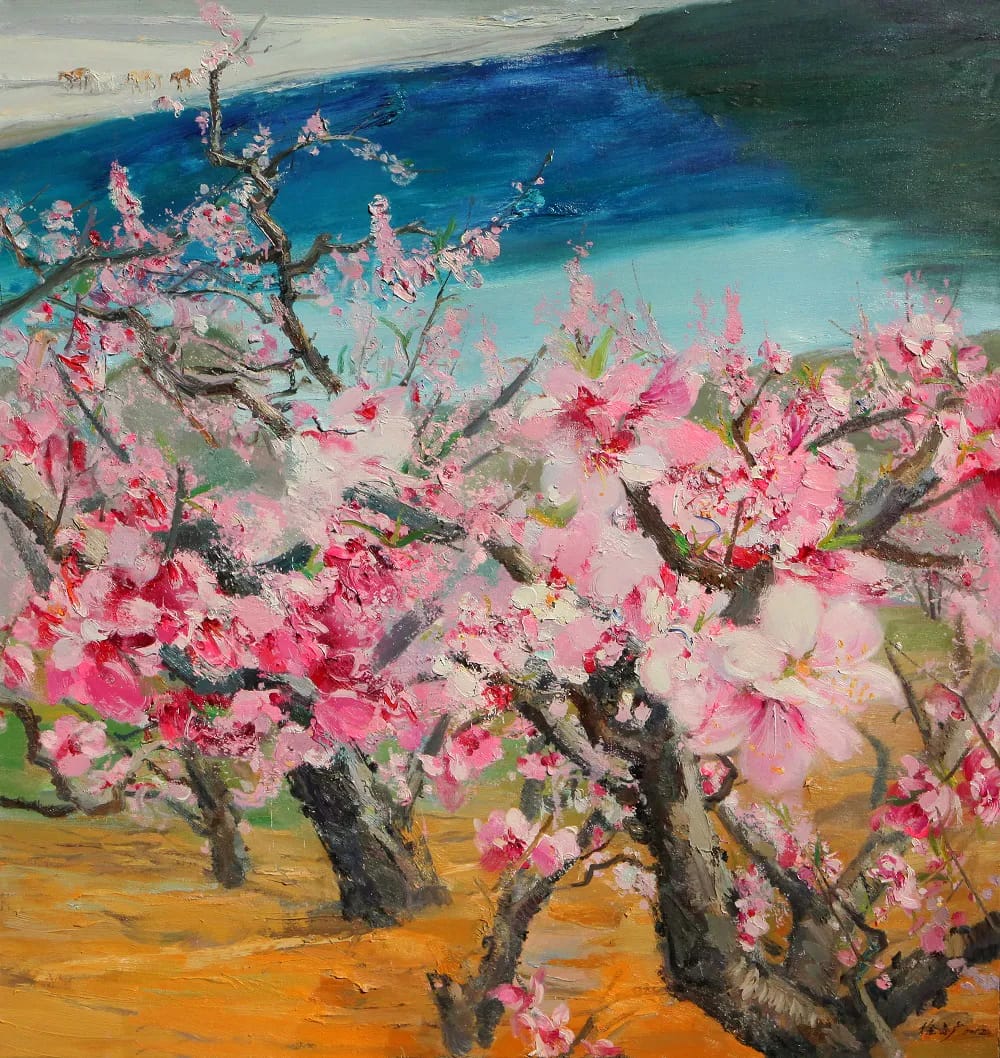 Peach Blossom and Snow Capped Mountains